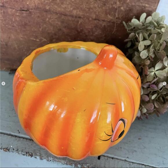 Vintage Halloween Anthropomorphic Jack JOL Pumpkin Planter Holland Floral Taiwan - Picture 7 of 8